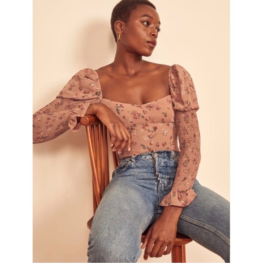 Reformation Augustine Top Rose Floral Smocked Long Sleeve Blouse Size 6
